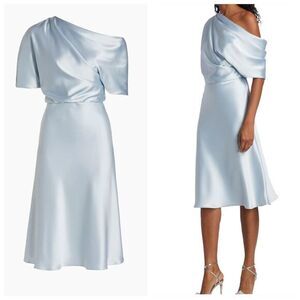 Amsale Womens Fluid Satin Draped One-Shoulder Cocktail Dress Jade Size 0